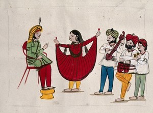 view Page 32: a dancing girl with musicians performing. Watercolour drawing.