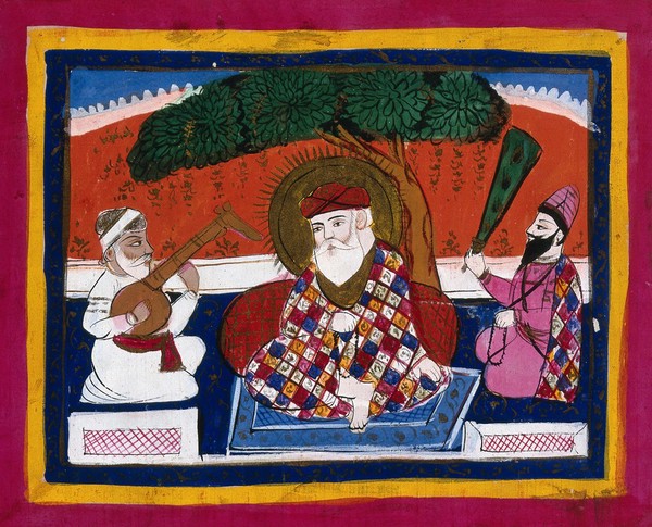 Page 101: Guru Nanak attended by his musician and holy man. Gouache drawing.