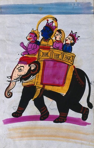 view Page 103: Hanuman leading an elephant carrying Rama, Sita and Laksmana. Watercolour drawing.