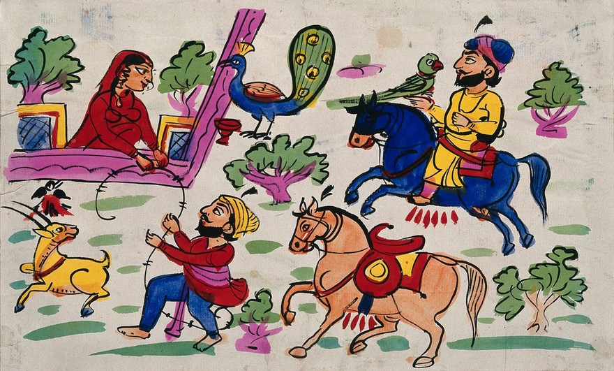 Page 109: a hunting party coming across a woman feeding a peacock. Watercolour drawing.