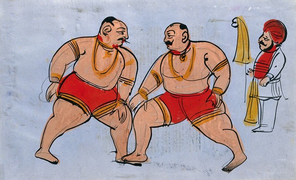 Page 111: a pair of wrestlers. Watercolour drawing.