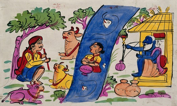 Page 113: Krishna playing his flute to the cows and Radha who is immersed in the river, while an old man smoking a hookah observes. Watercolour drawing.