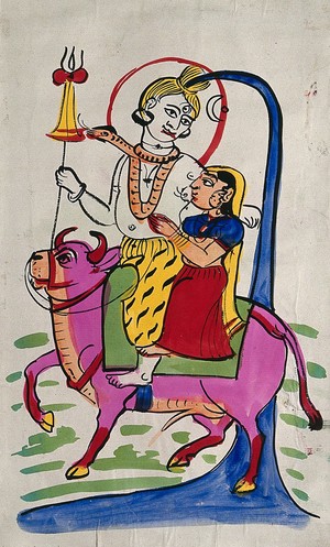 view Page 122: Shiva and Parvati on Nandi bull. Watercolour drawing.