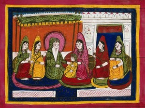 view Ranjit Singh, Maharaja of the Punjab, with his wife and child accompanied by his secondary wives. Gouache painting. Page 140.