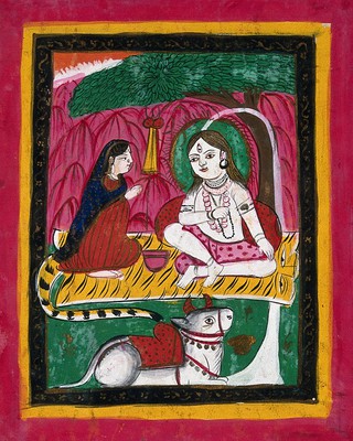 Page 153: Shiva and Parvati seated with Nandi bull. Gouache drawing.