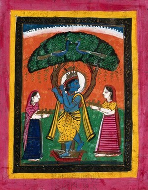 view Page 154: Krishna playing his flute under a tree with two devotees. Gouache drawing.