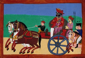 view An indian ruler leading his troops to battle seated in his carriage. Gouache drawing.