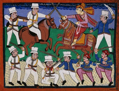 The battle of Gwalior: the Rani of Jhansi leads her troops. Gouache drawing, 186-(?).