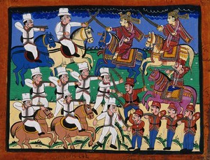 view A battle between British and Indians. Gouache drawing.