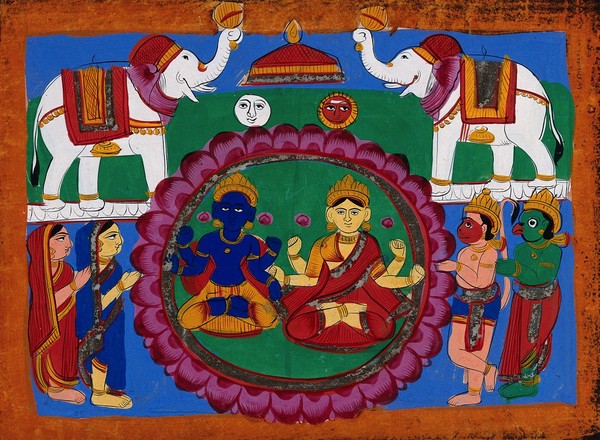 Vishnu and Lakshmi seated on a lotus being attended by Garuda, Hanuman and female attendants, and hailed by elephants. Gouache drawing.