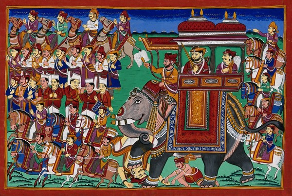 A procession to war with a band and cavalry. Gouache drawing.
