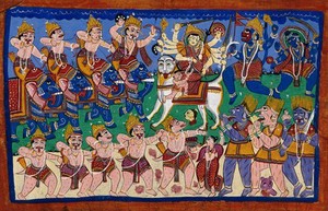 view Durga mounted on her lion fighting a demon army. Gouache drawing.