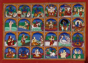 view The incarnations of Vishnu. Gouache drawing.