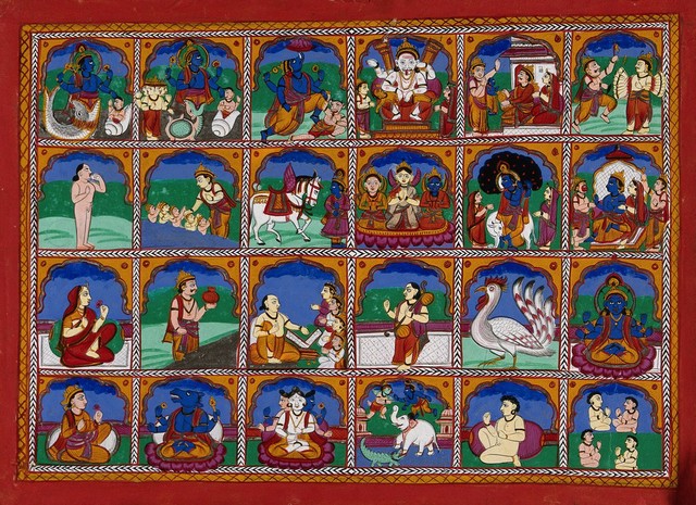 The incarnations of Vishnu. Gouache drawing.