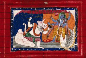 view Vishnu as Matsya, the fish incarnation fighting a demon. Gouache drawing.