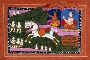 view Surya the sun deity driving in his chariot. Gouache drawing.