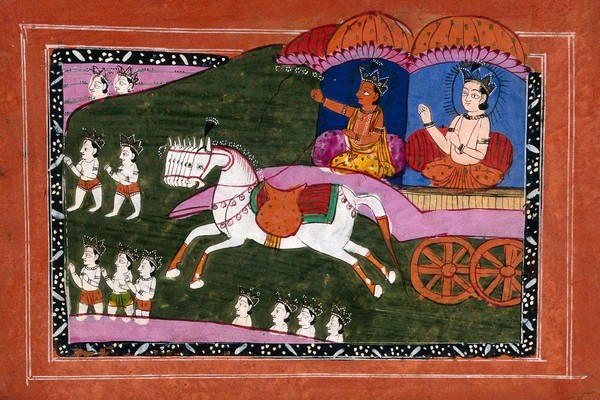 Surya the sun deity driving in his chariot. Gouache drawing.