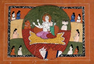 view Shiva with the Ganges flowing from his head and Parvati seated on a tiger skin with Ganesha, Skanda and Nandi bull surrounded by devotees. Gouache drawing.