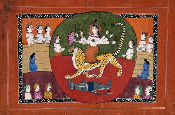 Durga slaying the Buffalo demon surrounded by devotees. Gouache drawing.