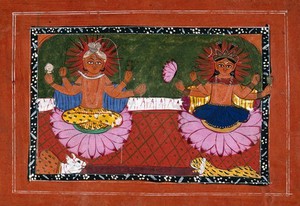 view Shiva with the Ganges and Nandi bull with Durga and lion seated on lotuses. Gouache drawing.