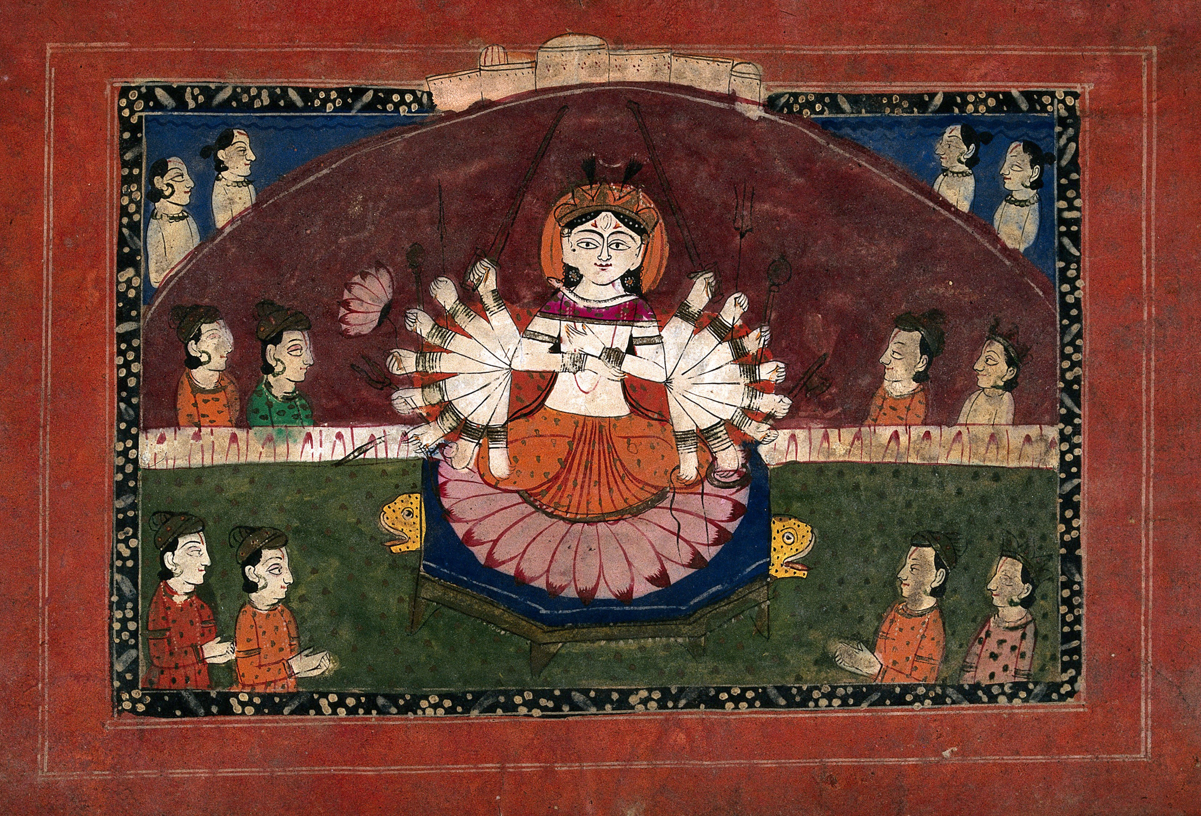 Durga on a lotus with all her weapons surrounded by devotees. Gouache drawing.
