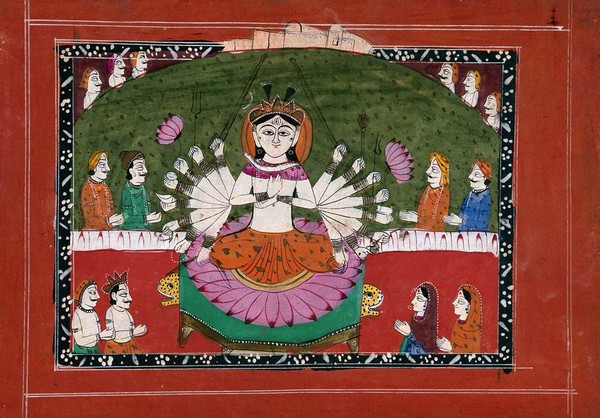 Durga on a lotus with all her weapons surrounded by devotees. Gouache drawing.