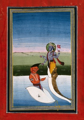 The god Vishnu in his fish avatar, Matsya, vanquishing the demon Hayagriva (left), who had stolen the sacred scriptures (Vedas) from the god Brahma. Gouache drawing.