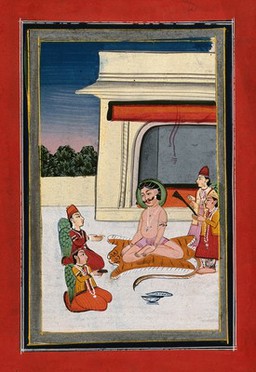 A religious figure possibly Shiva being offered food and offerings by two worshippers and two angels. Gouache drawing.