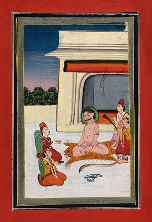 view A religious figure possibly Shiva being offered food and offerings by two worshippers and two angels. Gouache drawing.