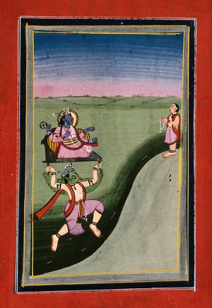 view Rama being carried by Garuda while a devotee worships him. Gouache drawing.