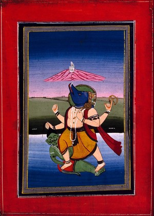 view Varāha raising the earth from the bottom of the ocean and trampling on the demon Hiranyāksha. Gouache drawing.