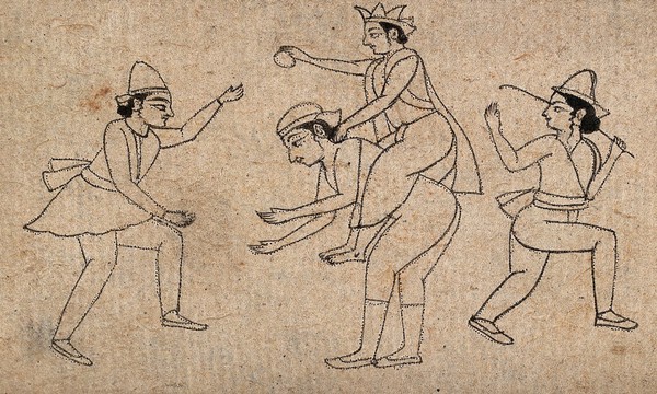 A group of male figures playing a game. Ink drawing.