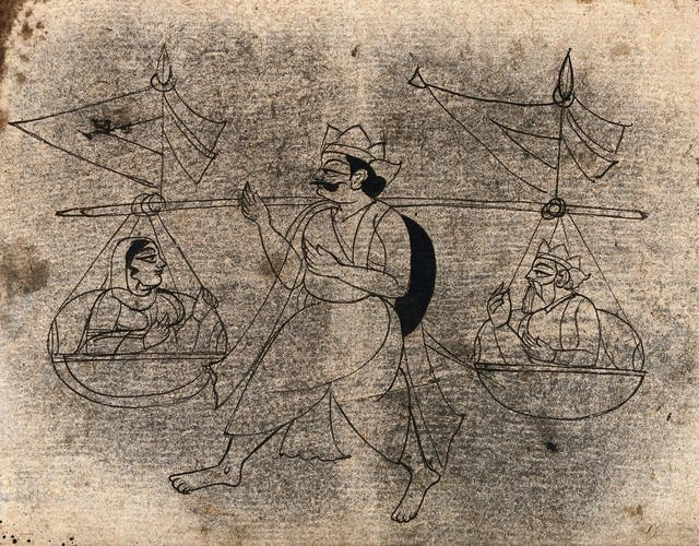 A man carrying a man and a woman in panniers. Ink drawing.