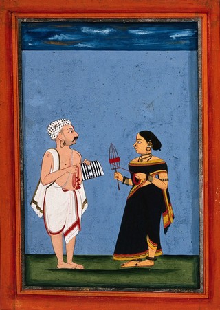 A Jain cotton manufacture couple. Gouache drawing.