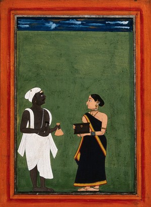 view A Jain bringing money home to his wife. Gouache drawing.