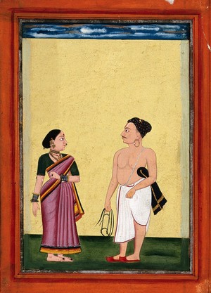 view A Jain holding a harness accompanied by his wife. Gouache drawing.