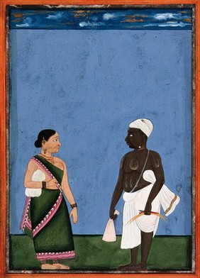 A Jain farmer and wife. Gouache drawing.