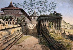 view Possibly the temple at Nu Tooth, Sri Lanka. Watercolour drawing by C.H.S.B.