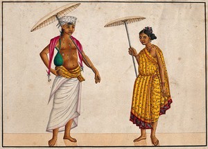 view Brahman merchant couple. Watercolour drawing.