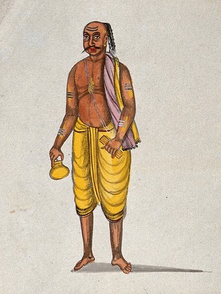 A Brahman after his ritual puja. Watercolour drawing.
