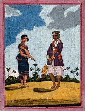 A member of the Vaishya caste holding a bunch of bananas with his wife holding a betel leaf. Gouache drawing.