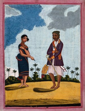 view A member of the Vaishya caste holding a bunch of bananas with his wife holding a betel leaf. Gouache drawing.