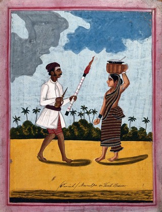 A torch-bearer and wife. Gouache drawing.