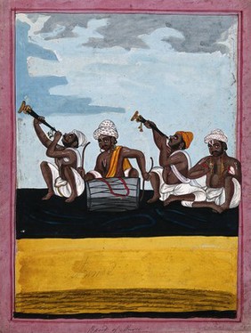 Indian musicians playing their instruments. Gouache drawing.