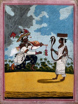 view Snake charmer with wife holding the snake. Gouache drawing.