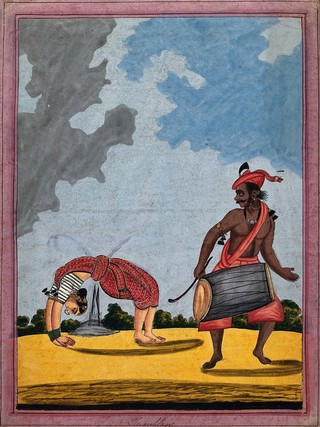 A pair of Indian tumblers performing. Gouache drawing.