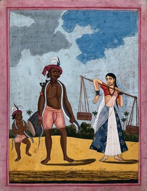 view Snake charmer and family. Gouache drawing.