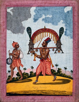 Two begging Brahmans carrying a religious altar and symbols. Gouache drawing.