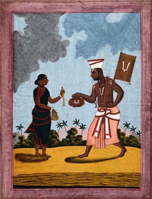 view A begging Brahman raising his begging bowl to accept a gift from a woman. Gouache drawing.