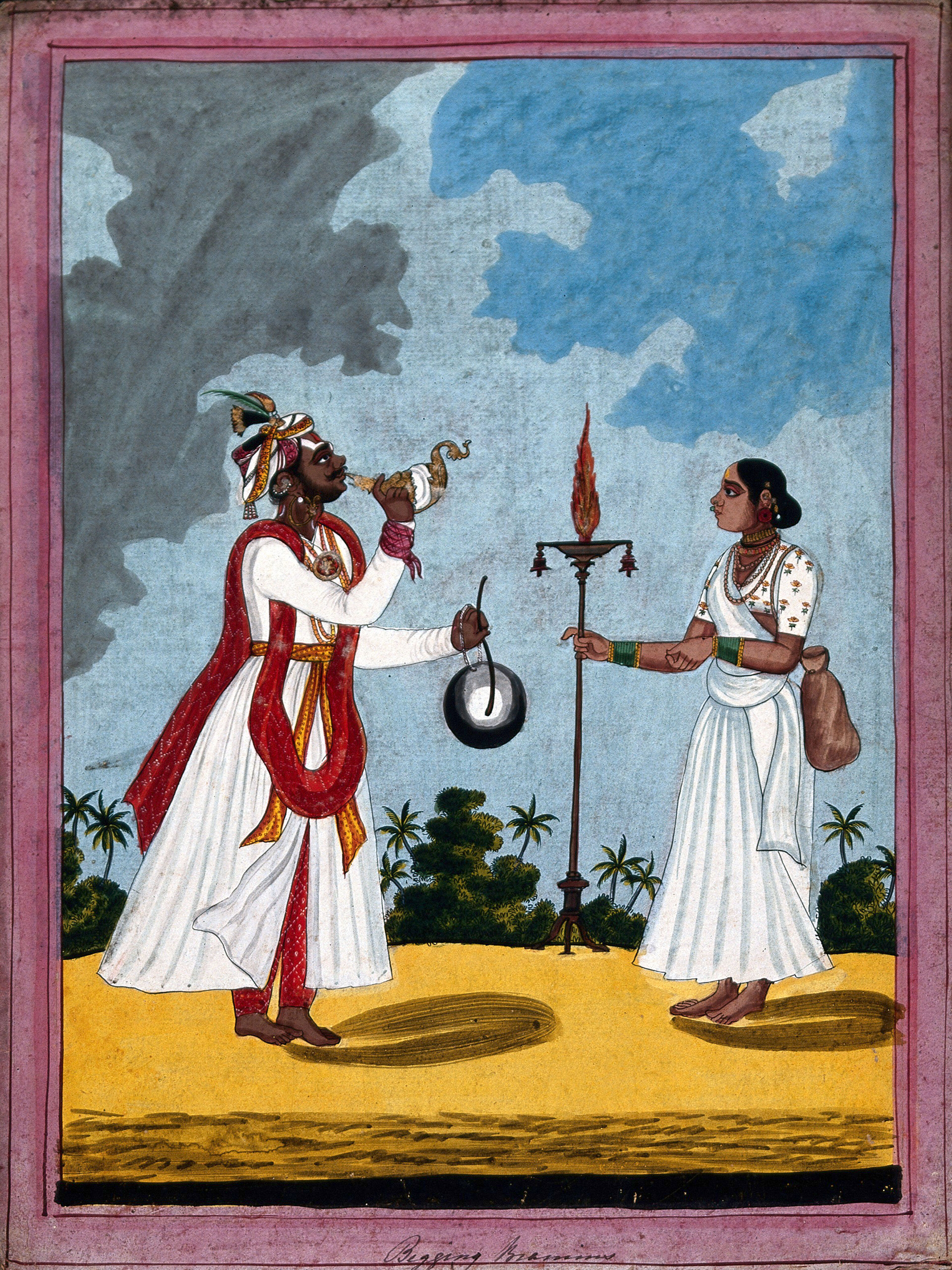 A begging Brahman performing a ritual with his wife. Gouache drawing.